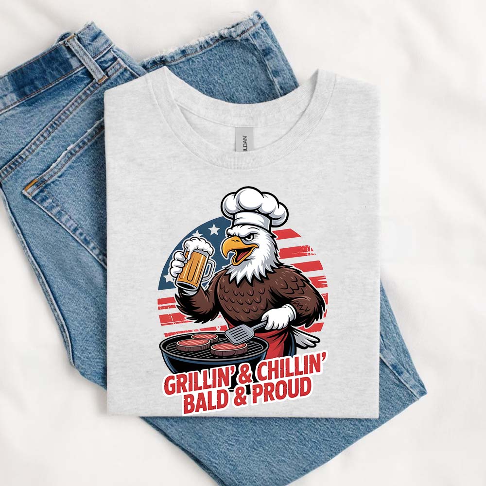 Grillin’ & Chillin’, Bald & Proud T-Shirt – Patriotic Bald Eagle BBQ Vintage Tee Adorb.co
